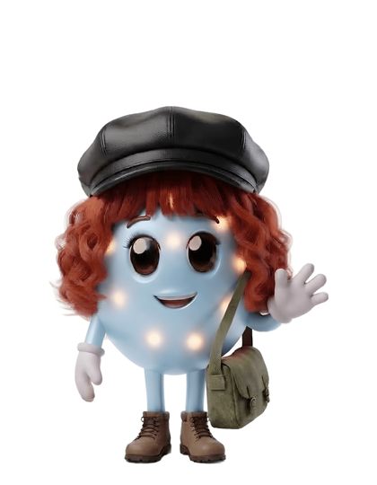 ブルー。赤い巻き髪に帽子の青いキャラクター
