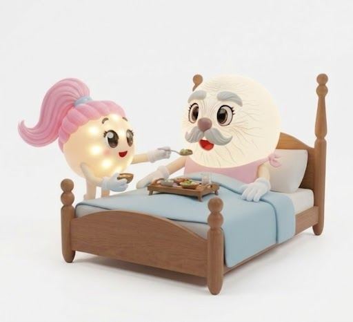 ヘルパーがベッドの上のおじいさんに食事を手伝っている絵