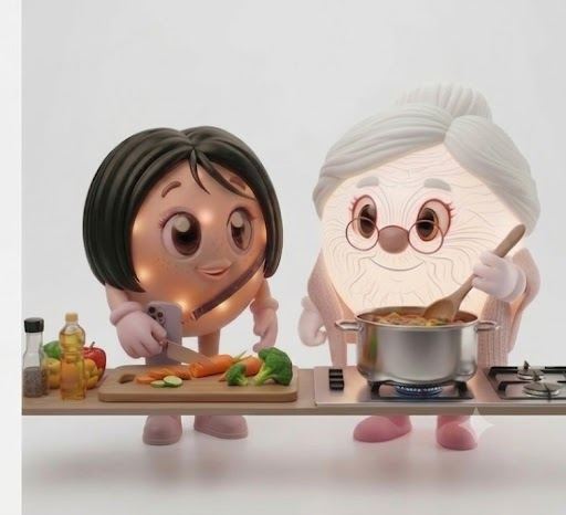 ヘルパーとおばあさんが並んで料理している絵