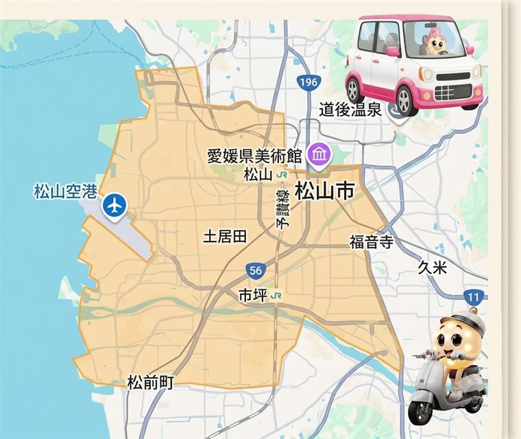 訪問する範囲の地図。松山空港から市坪・土居田・松山駅周辺、松前町まで